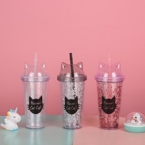 Hawaii Cat Cafe Cat Ear Tumbler With Straw Glitter Cup For Drinks - Product Image 1