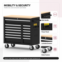 Chariot à outils mobile robuste moderne de 40 pouces avec 13 tiroirs, serrure à clé OEM, capacité de charge de 600 kg, dessus en bois massif
