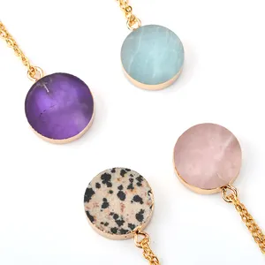 Natural Semi-precious Stone Gemstone Round Pendant Stainless Steel with 18k Real Gold Necklace Pendant