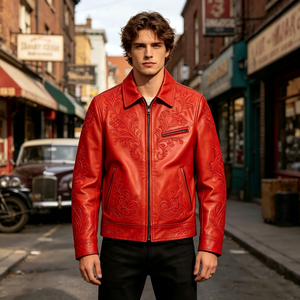 Giacca in Pelle da Uomo <span class=keywords><strong>di</strong></span> Alta Qualità, Motivo Goffrato e Ricamato, Giacca Rossa in Vera Pelle, Taglie Grandi Disponibili - Product Image 4