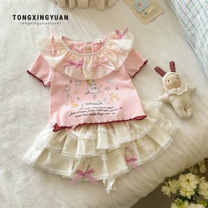 Tongxingyuan Sweet Girls' Suit 2026 Summer Pink Peter Pan <b>Collar</b> Printed T-shirt <b>Cake</b> Skirt Set For Kids - Product Image 1