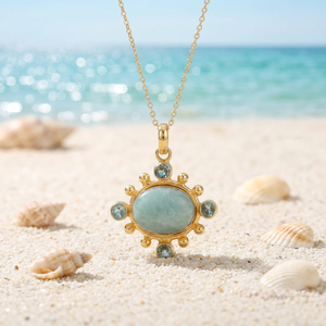 Handmade Jewelry Natural Amazonite <b>with</b> Sky Blue Quartz Oval Pendant Charms Beaded Design 18k Gold Plated Wholesale Necklace - Product Image 4
