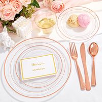 150 pièces – Vaisselle de luxe jetable en plastique or rose, assiettes et gobelets résistants à la chaleur, compatibles micro-ondes, sans BPA, pour 25 personnes