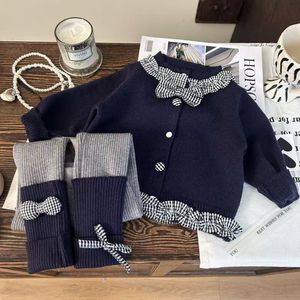 Tongxingyuan Girls' Navy Blue Sweater Cardigan With Bow Gray Leggings Two Piece Set Autumn Cotton Outfit - Product Image 2