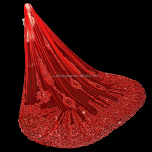 क्वीन्सटाउन लक्जरी एक परत लाल 350 सेमी ब्राइडल घूंघट कैथेड्रल चमकदार अनुक्रमों के साथ शादी का घूंघट - Product Image 4