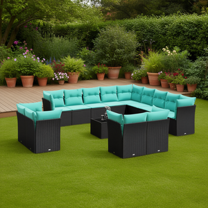 Set Divano da Esterno in Polyrattan Nero con Cuscini, 14 Pezzi, Arredamento da Giardino Stile Contemporaneo, Posti a Sedere per 10+ Persone - Product Image 2