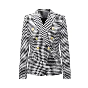 Houndstooth Slim Fit jaqueta curta com bico duplo para mulheres, ternos formais para escritório e profissionais