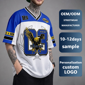 T-shirt ample en maille style streetwear pour homme, col en V, hip-hop, surdimensionné, épaules tombantes, broderie graphique aigle - Product Image 1