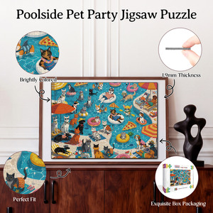 Rompecabezas de animales divertidos de verano con gatos y perros, para fiestas de mascotas junto a la piscina, con pista de letras oculta en la parte posterior, para adultos, decoración de pared para el hogar - Product Image 3