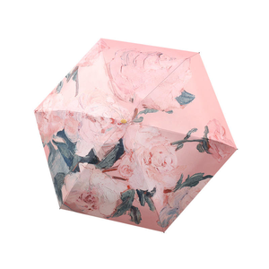 Ombrello da <span class=keywords><strong>pioggia</strong></span> portatile da donna di moda 5 parasole pieghevole con stampa a fiori rosa con Logo personalizzato controllo manuale adulti - Product Image 6