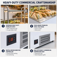 Vitrine Réfrigérée Commerciale Ouverte pour Sandwichs et Plats Préparés, avec Plateau Froid et Arche Lumineuse en Acier Inoxydable