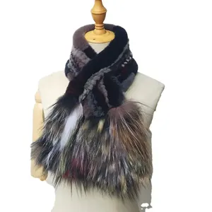Winter Knitted Rex Rabbit Fur Scarf With Sliver Fox Fur Women Fashion Warm Thick Female Winter Fur Scarves Neck Warmer Femme
