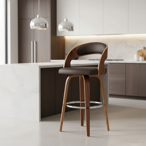 <span class=keywords><strong>Tabouret</strong></span> de bar pivotant en bois courbé avec dossier rembourré en cuir végétalien, repose-pieds en bois de noyer, rotation à 360 degrés, style Mid-Century pour hôtel et bar - Product Image 1