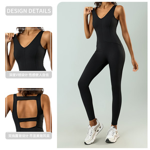 レディース軽量無地ジムワンピースボディスーツ 大人用スポーツフィットネスヨガウェア ジャンプスーツ ヨガタイトトップス付き 無地 - Product Image 2