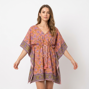 Robe Kaftan Bohème en Coton Imprimé Col V Sans Manches Ample Moulante à Nouer Été Décontractée Écologique Respirante Motif Floral - Product Image 1