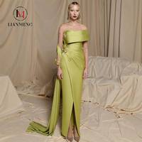 Robe de soirée trapèze en satin à col montant LM D369 Chartreuse, taille naturelle, appliques florales 3D en cristal, fente avant, robe de cérémonie