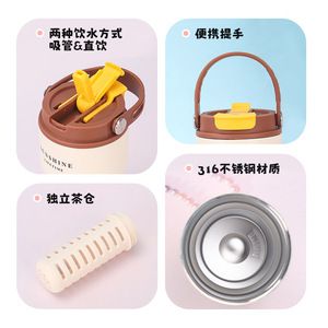 Sunshine Lifetime Cartoon Straw Cup 450Ml Portable Handle With Tea Holder Insulated Tumbler For Travel And Outdoor Use - Product Image 2