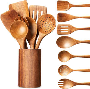 Ensemble de 7 spatules en teck et 4 cuillères en bois à poignée confortable, ustensiles de cuisine antiadhésifs, cuillères à mesurer, repose-cuillère - Product Image 1