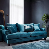 Canapé trois places de style rétro américain, en velours bleu foncé, à dossier haut, de style antique français, pour maison d'hôtes