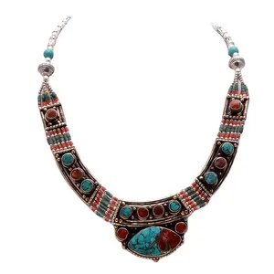 天然绿松石珊瑚宝石项链藏银尼泊尔古董项链，复古珠宝