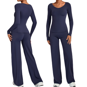 Conjunto Feminino de Duas Peças com Manga Longa, Roupas Ativas Femininas, Calças Flare, Roupas de Academia Sem Marca, Roupas de Academia Simples - Product Image 1
