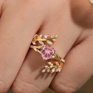 Anelli ZhuQian all'ingrosso con zirconi a forma di cuore rosa dolce per donna, gioielli di lusso placcati oro a più strati con rami delicati e brillanti - Product Image 3