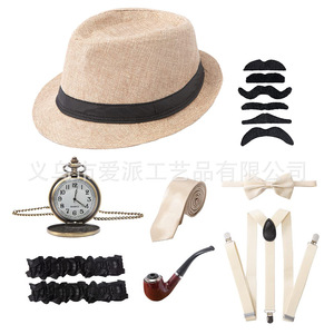 Kit de Disfraz Masculino Años 20: Sombrero, Pipa, Reloj, Corbatín, Tirantes, Bigote y Accesorios para Fiesta - Product Image 5