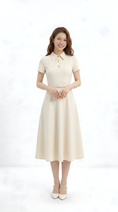 Robe midi chic crème à col polo, manches courtes, boutonnée sur le devant, taille ajustée, jupe évasée, robe décontractée de bureau pour femme, OEM ODM - Product Image 2