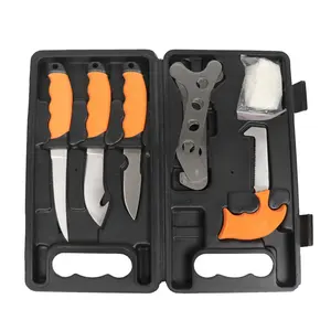 6pcs Hunting Field Portable Butcher Game Processor Set with Gut Hook, Ribcage Spreader, Boning, Saw, Gloves Fishing Knife Set