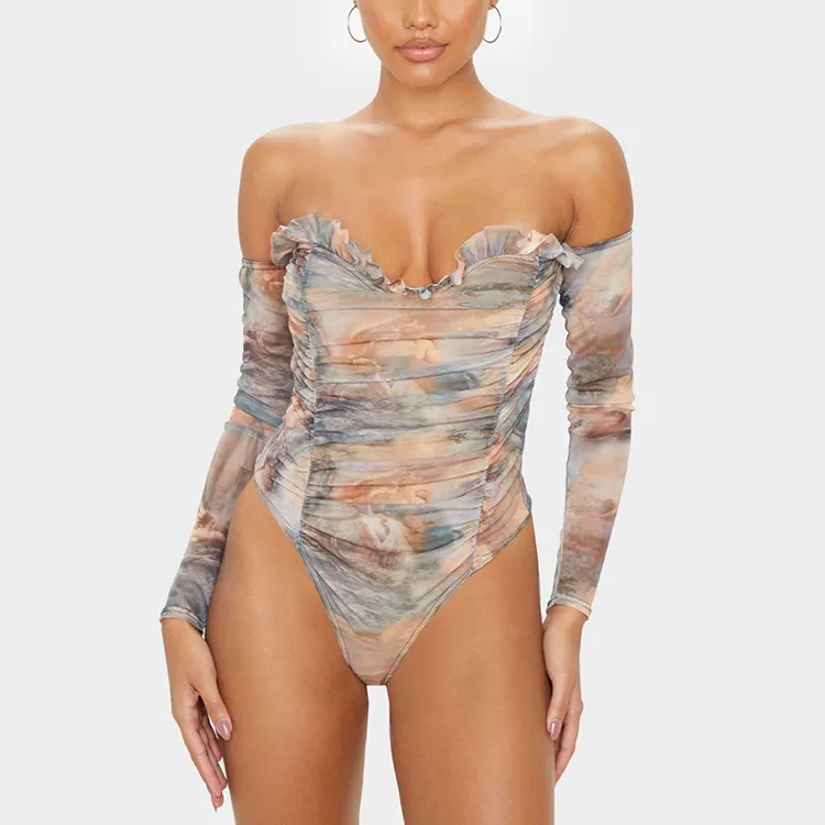 2022 Groothandel Een Stuk Blouses Lange Mouw Stropdas Geverfd Bodycon Top Custom Vrouwen Bodysuit