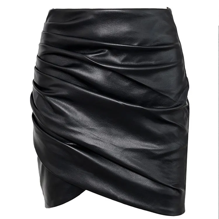 Mini jupe moulante en cuir PU froncée pour femmes, couleur unie, Sexy, frontale, matière brillante, vente en gros, été