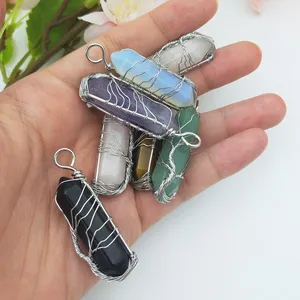 Wholesale Natural Stone Pendant Crystal Pen Silver Tree of Life Assorted Winding Pendants Double Point Charm For Necklace Making