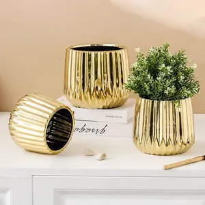 Unique design luxury home balcony decoration succulent planter stripe gold ceramic flower plant pots