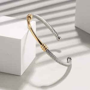 <span class=keywords><strong>Bracelet</strong></span> manchette ouvert en argent sterling 925 bracelets en <span class=keywords><strong>fil</strong></span> de câble texturé bicolore gros bijoux fins - Product Image 4