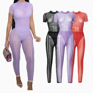 2022 Pakaian Jala Tubuh Bergaris Mesh Streetwear Ungu Jumpsuit Melihat Melalui Berongga Keluar 2 Piece Set Wanita Seksi Jumpsuits Pakaian