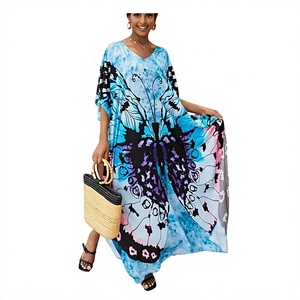 V Neck Maxi <b>Abaya</b> Dress Butterfly Pattern Loose Fit Short Sleeve Flared Hem Polyester Women's Beach Summer Bohemia Style Daily - Product Image 1