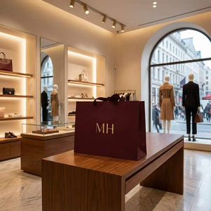 أكياس تسوق ورقية فاخرة صديقة للبيئة ومقاومة للماء باللون الأحمر الداكن من ماركة MH مع شعار ذهبي ومقبض مثقب للهدايا الراقية - Product Image 3