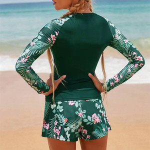 Stylish Raglan Sleeve Floral Two Piece <strong>Swim</strong> Set Flexible Soft Fabric Rash Guard Top <strong>Skort</strong> Bottom for Women - Product Image 1