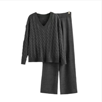 Nouvel ensemble 2 pièces brodé uni et formel en maille à col en V pour femme, coupe régulière, longueur complète, en tissu Oxford Spandex/Coton – Collection Printemps 2025