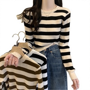 Round Neck Breathable Summer Jersey Print Sweet Slim Fit Women's Base Sweater Knitted <b>Long</b> <b>Sleeve</b> Short <b>Top</b> - Product Image 2