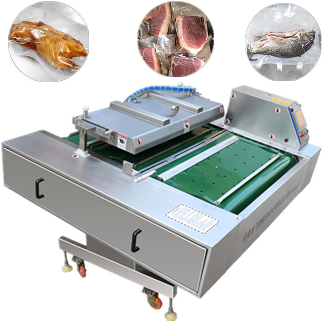Full 304Stainless Steel Continuous Conveyor Belt Type Vacuum Packaging Machine Convey Rolling Vacuum Sealing Packing Machine