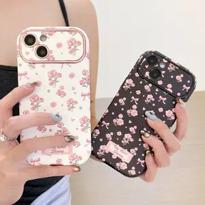 INS Korea Mädchen Linsen-Schutzhülle Rückseite Abdeckung Shell retro rosa blumen weiche Lederhandyhülle für iphone 15 14 13 12 11 Pro Max