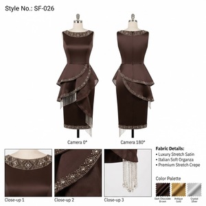 Vestido Midi Color Chocolate Oscuro con Sobre Falda en Capas y Flecos de Cristal, Elegante Vestido de Cóctel para Fiesta de Noche - Product Image 1
