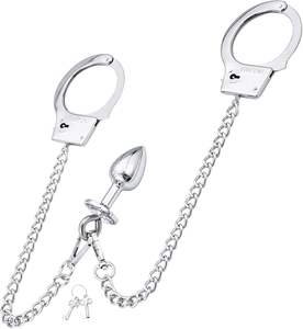 BDSM - Plug anal avec menottes métalliques verrouillables - Ensemble de restraints en acier inoxydable pour poignets - Jouets sexuels pour adultes - Jeux sexy pour femmes et couples - Product Image 1
