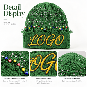 Bonnet tricoté chaud DYMF tendance avec strass et ourlet <span class=keywords><strong>d</strong></span>échiré, motif logo brodé personnalisé, casquette <span class=keywords><strong>d</strong></span>'hiver - Product Image 3