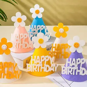 파티 생일 축하 편지 생일 모자 작은 국화 스마일 얼굴 부직포 모자 사진 소품 도매 장식 모자