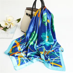 Wholesale New Styles 90*90CM satin lined bandana Scaf for women Colorful Flower Printed Custom design silk scarves