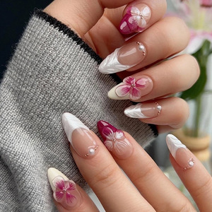 Uñas Acrílicas Francesas con Diseño de Flor 3D, Forma Almendrada Mediana, Cobertura Total, Reutilizables, Pre-Diseñadas, GZ RTS, Pedido Mixto al por Mayor - Product Image 3