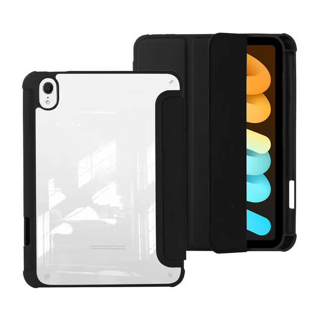 Clear Acrylic Back Pencil Holder Pure Color Three Fold Stand Leather Case Cover for iPad Mini 4 5 6 7