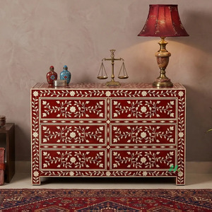Commode en bois rouge faite à la main avec incrustation florale blanche, 6 tiroirs, meuble de chambre traditionnel, style antique - Product Image 1